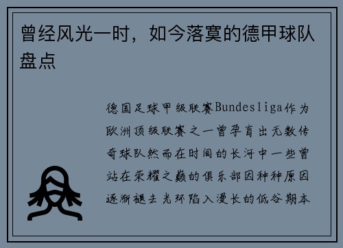 曾经风光一时，如今落寞的德甲球队盘点