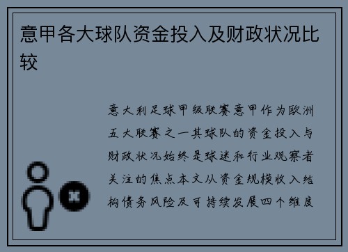 意甲各大球队资金投入及财政状况比较